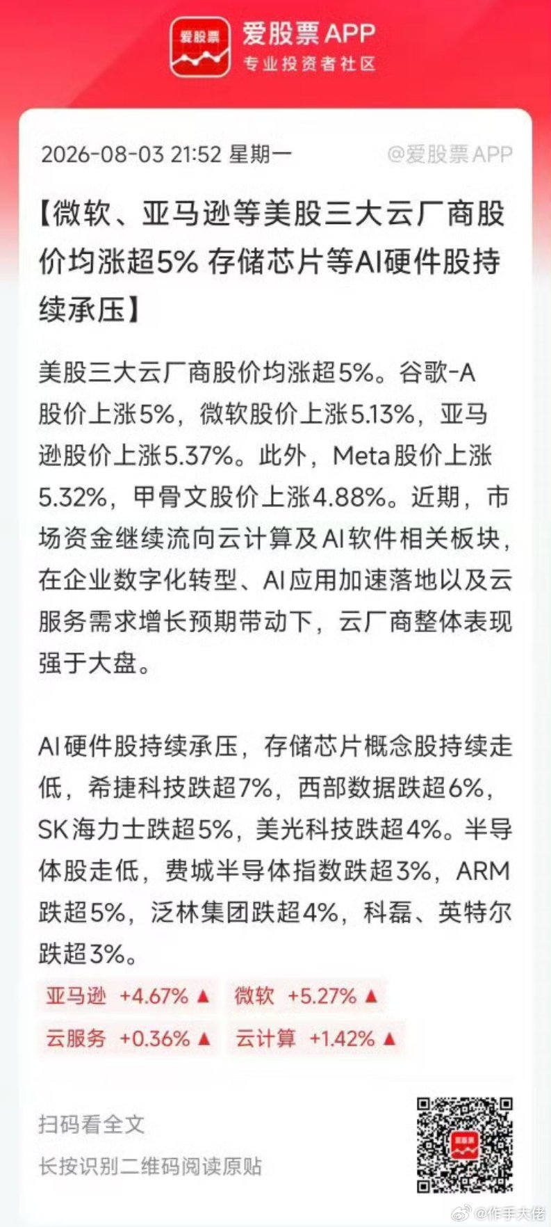 美股美光、SK海力士天天大跌，英伟达也拖后腿。但谷歌、微软、亚马逊股价狂飙，苹果