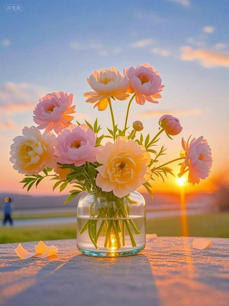 日落时分，静谧的花园中，一束娇艳的花儿在透明玻璃瓶中绽放，仿佛时间在这一刻静止。