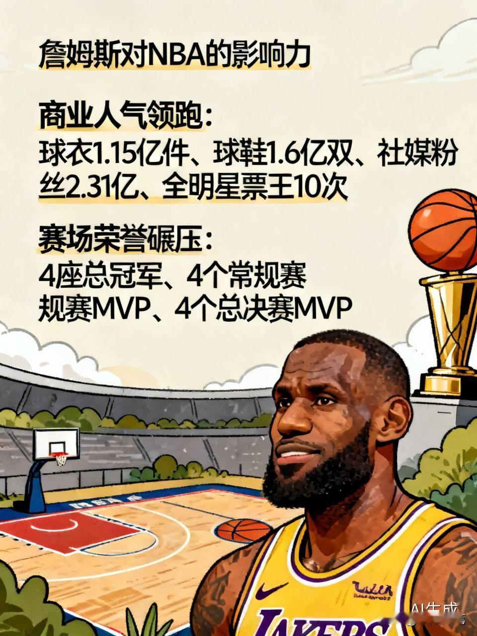 詹姆斯对NBA的影响力堪称现象级。从商业人气看，他全方位领跑。球衣总销量达1.1