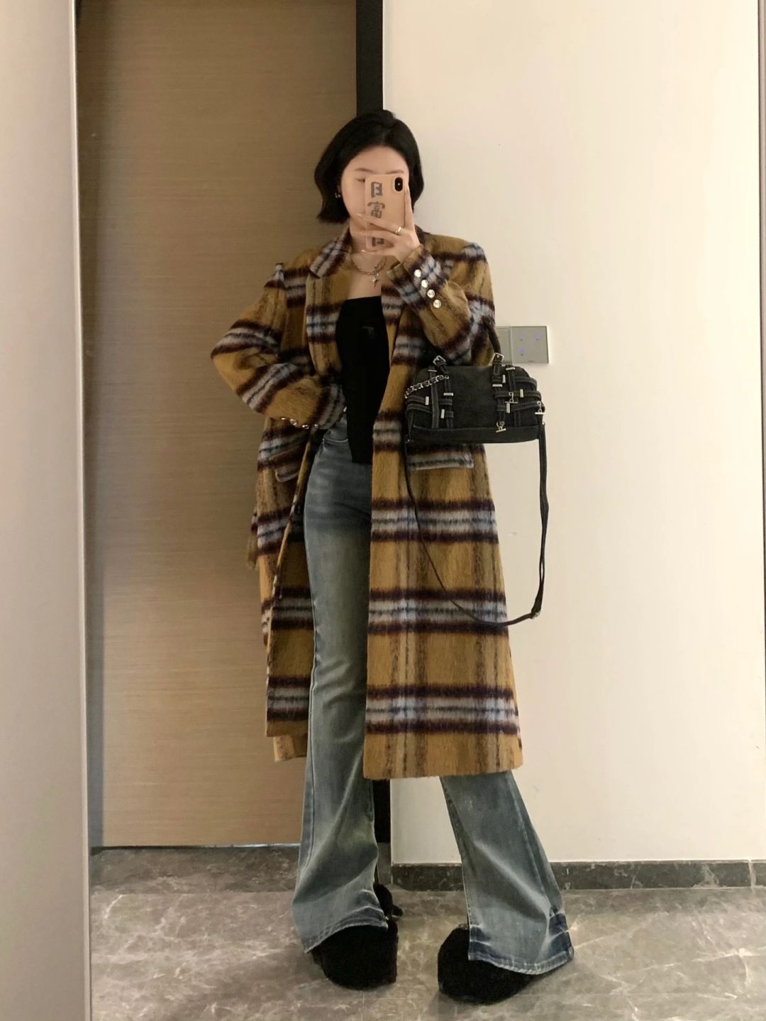 165/115 微胖穿搭 冬天当然要韩系格子大衣