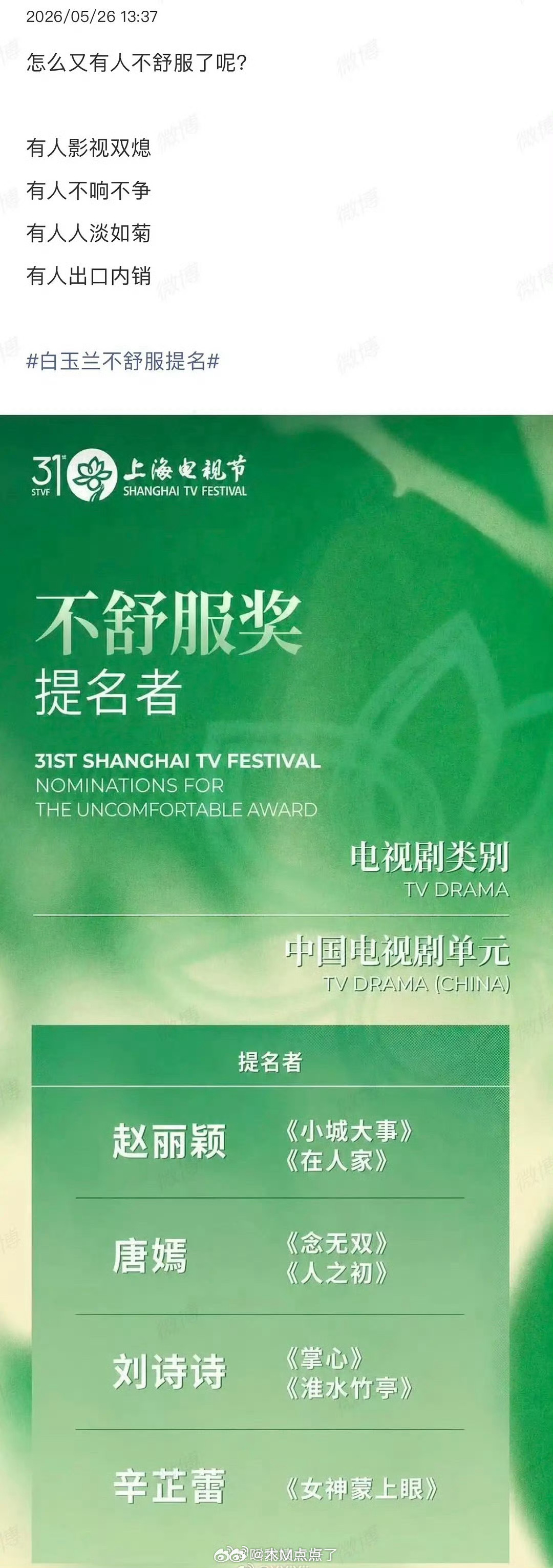 白玉兰不舒服提名，白玉兰的口碑网友做的不舒服提名 这对吗？内娱演员白玉兰奖首提年