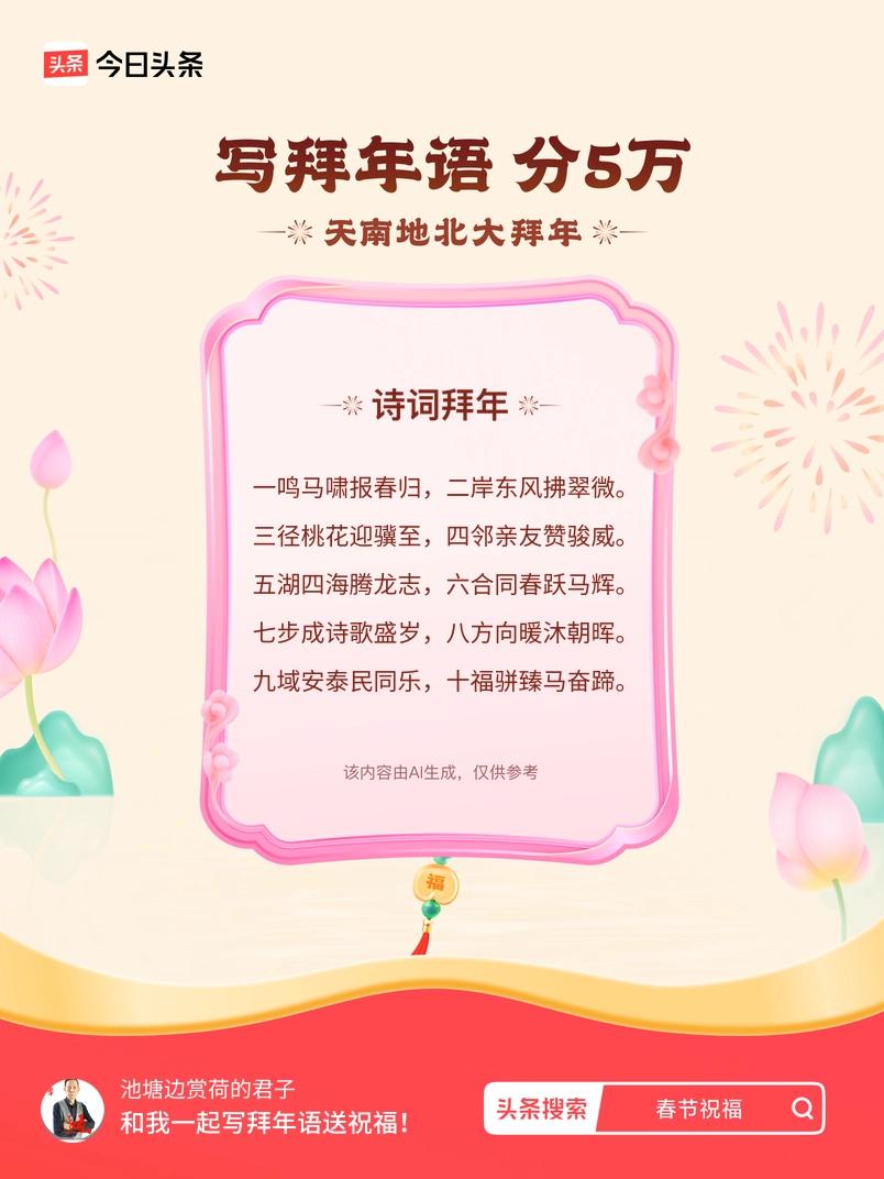 写拜年语送祝福新春拜年送祝福！我的祝福是：“一鸣马啸报春归，二岸东风拂翠微。三径