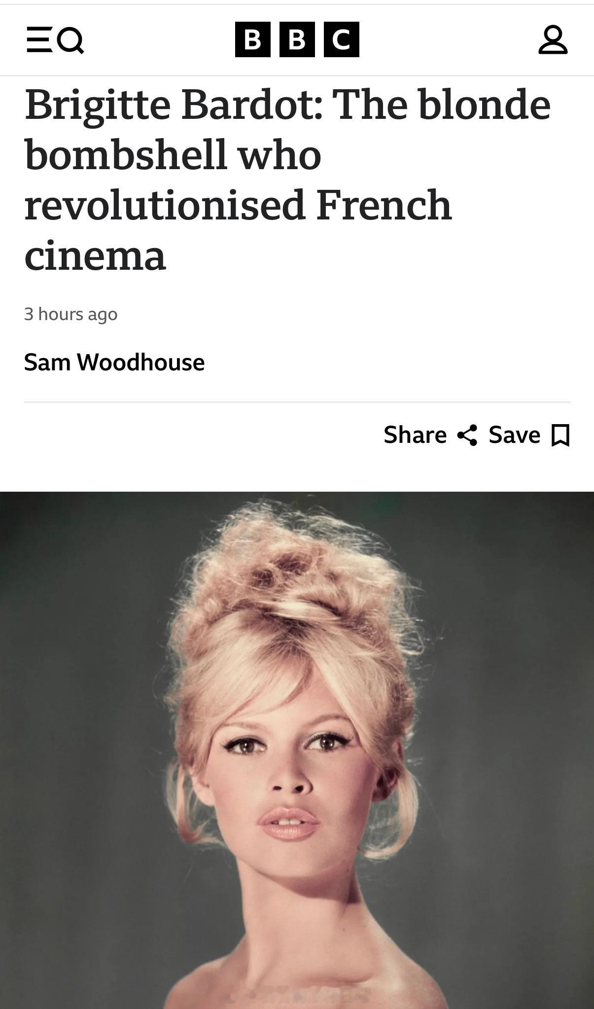 今年去世的大咖好多。今天，法国女演员碧姬·芭铎去世，享年91岁。 金发碧眼的碧姬