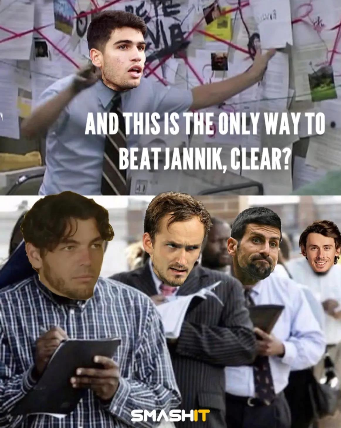 阿尔卡拉斯在2024年的公开比赛中与辛纳的较量以3:0的胜率占上风。要知道辛纳在