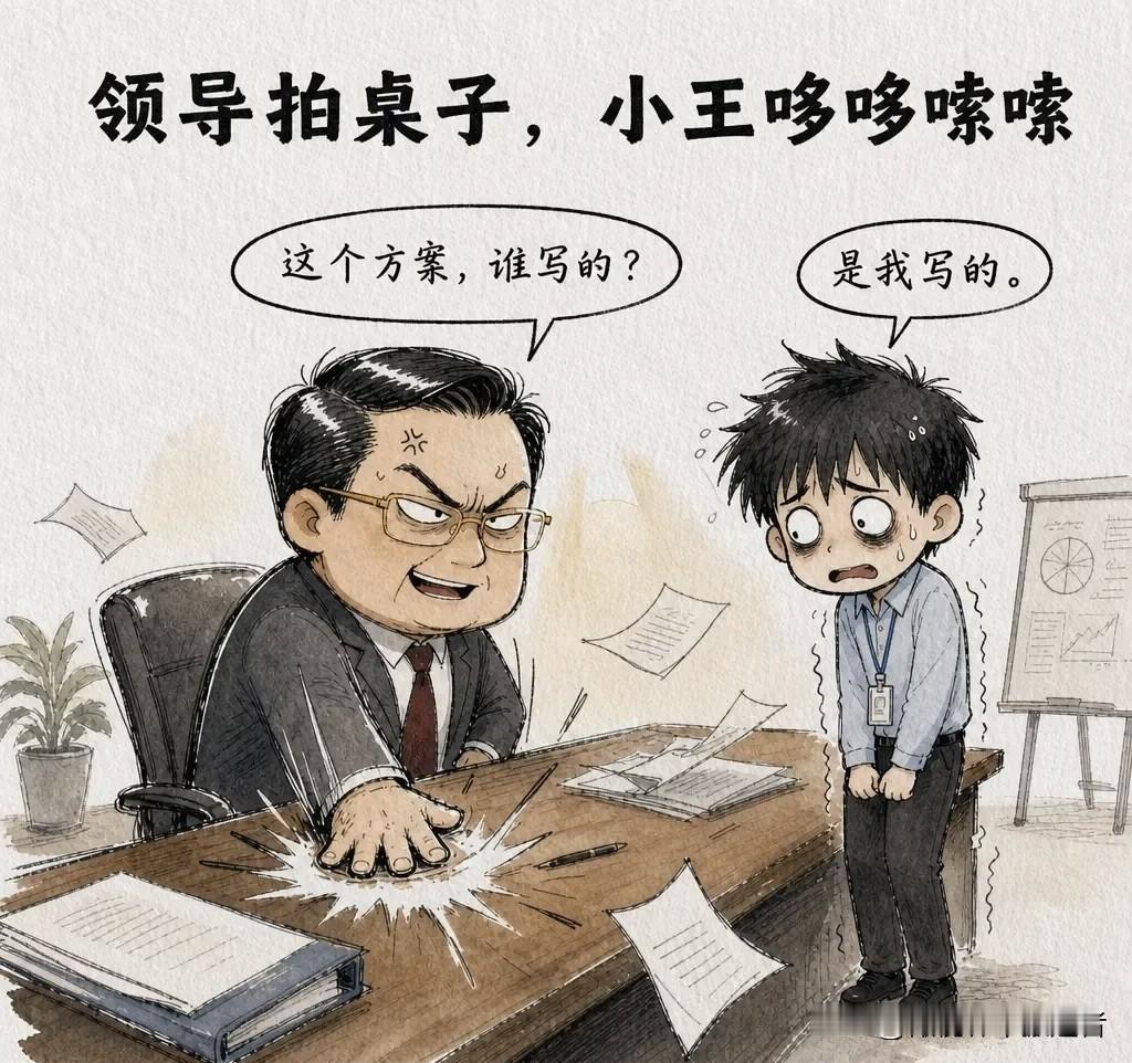 趣味漫画：领导拍桌子：「这个方案，谁写的？」小王哆哆嗦嗦：「是我写的。」领导冷笑