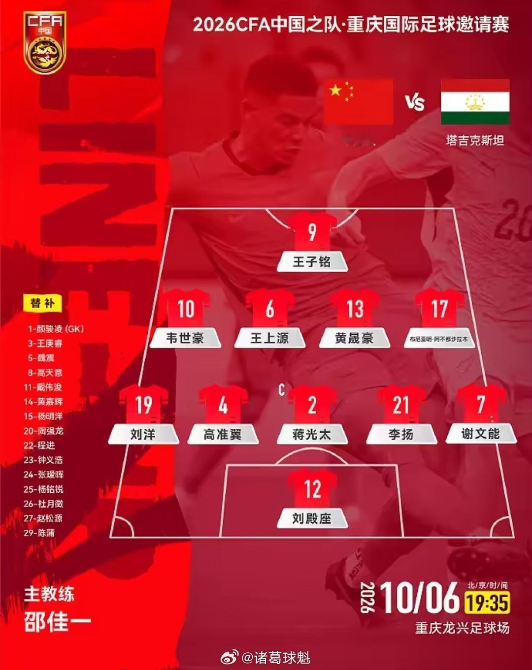 离谱反差！国足首发身价320万欧，塔吉克斯坦首发高达545万欧今晚国际友谊赛继续