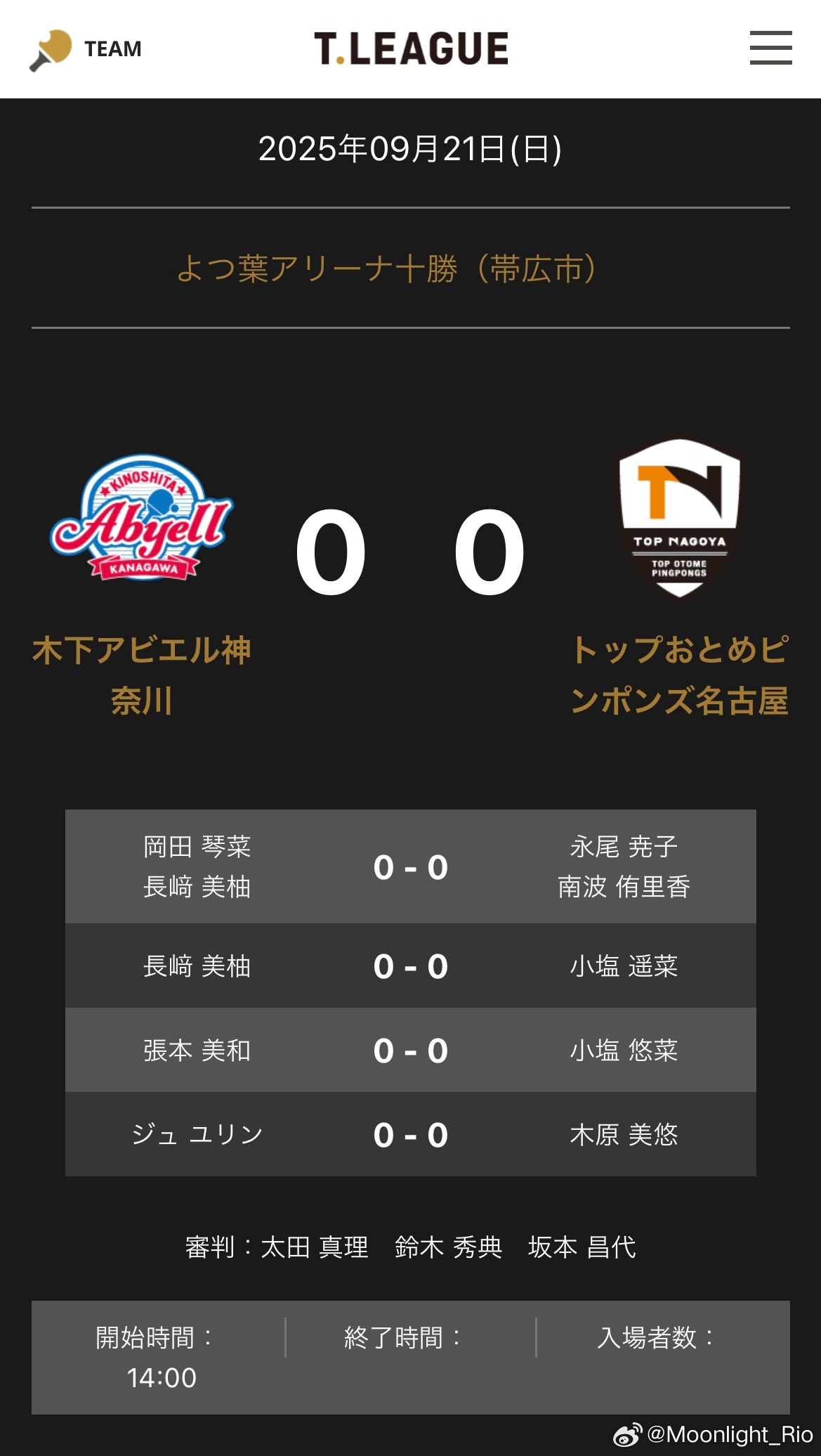 T联赛 13:00 木下神奈川🆚名古屋 对阵表冈田琴菜/长崎美柚🆚永尾尭子/