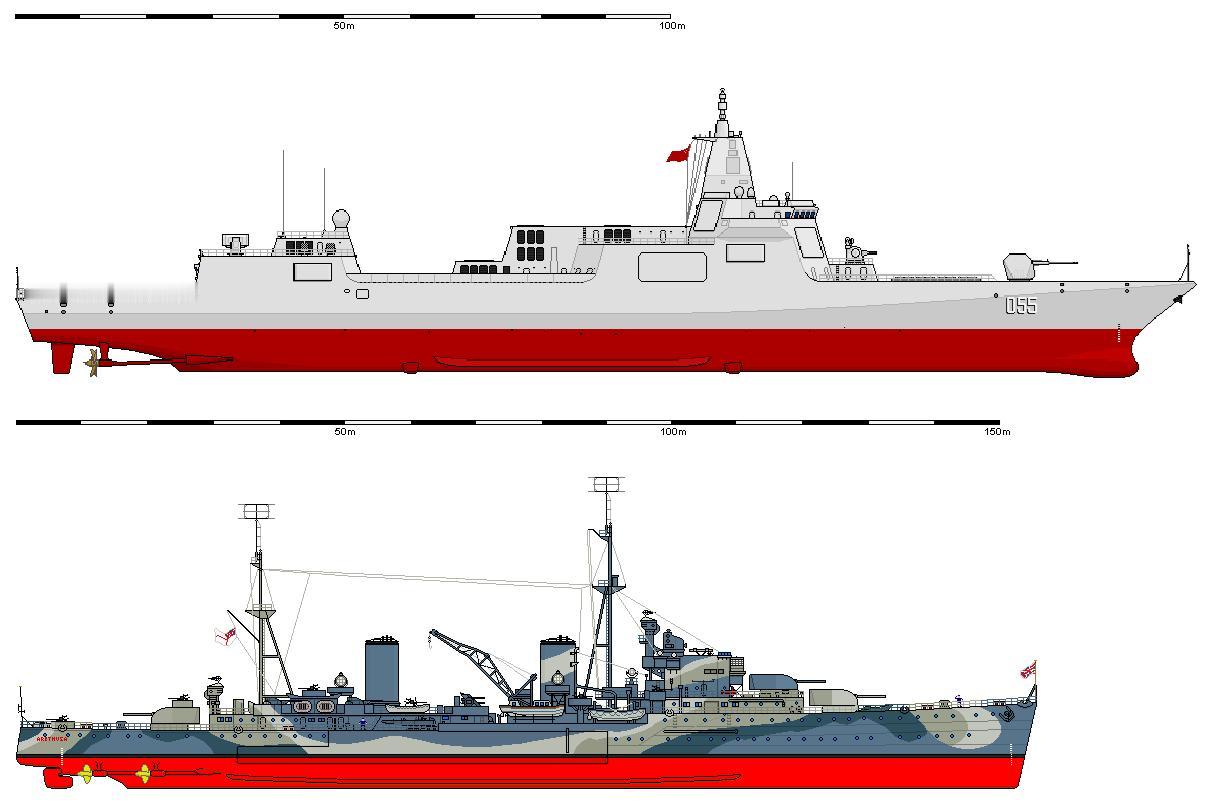 055大驱与“重庆”号巡洋舰尺寸直观对比
单纯对比尺寸，让大家对二者的大小有个直