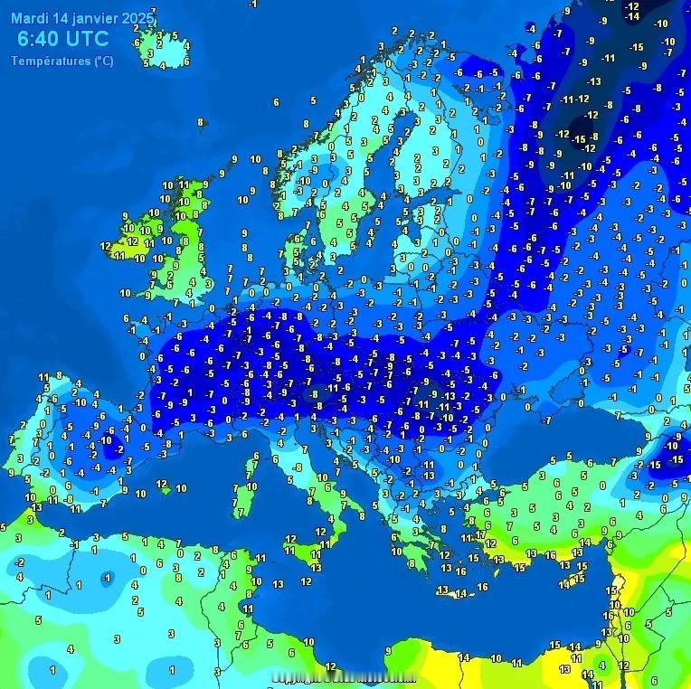 今天欧洲又遭遇了强冷空气，使得大部分国家和地区气温降到了零下，部分地区低至零下1