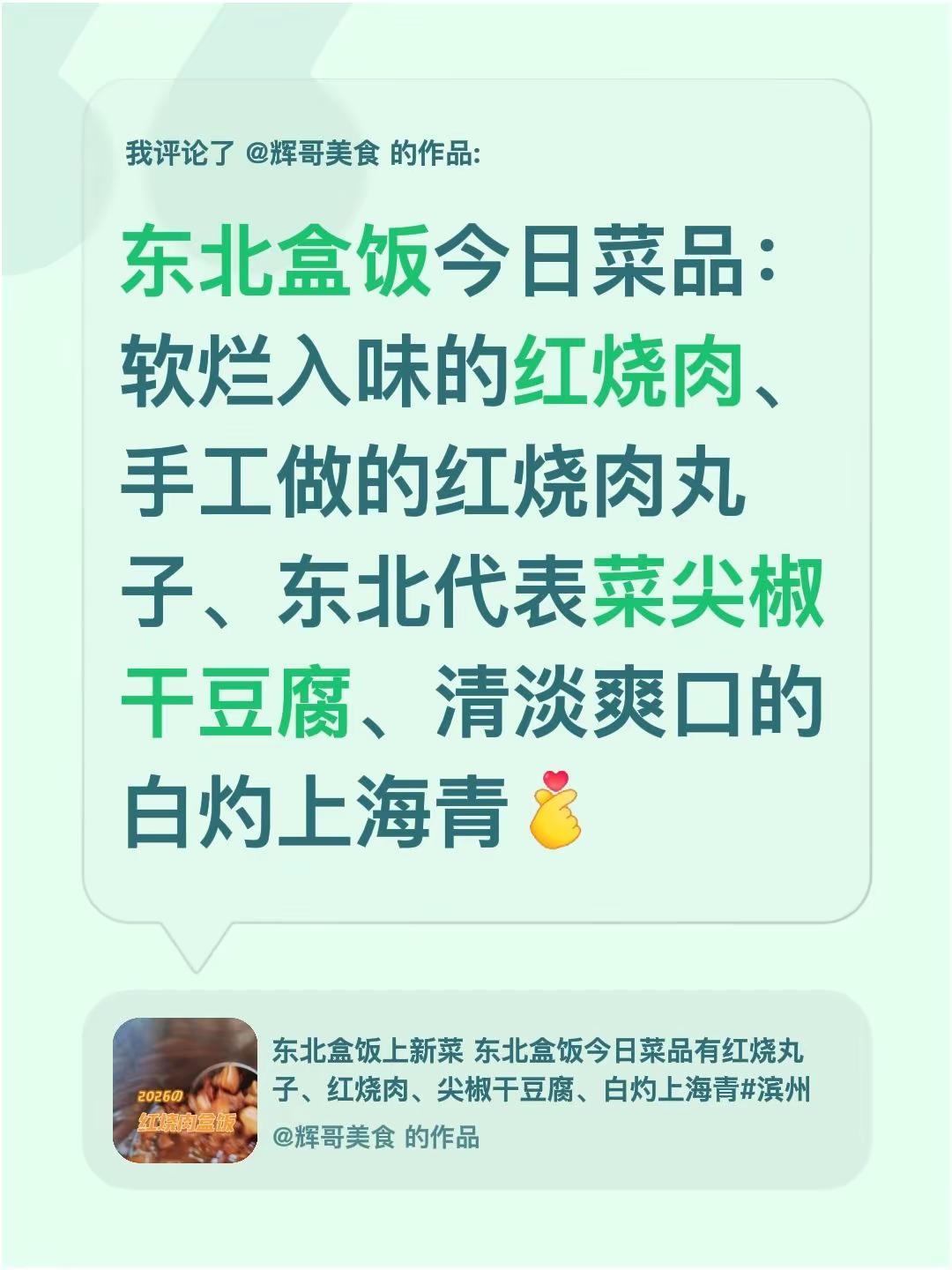 我评论了@辉哥美食 的作品：东北盒饭今日菜品：软烂入味的红烧肉、手工做的红烧肉丸
