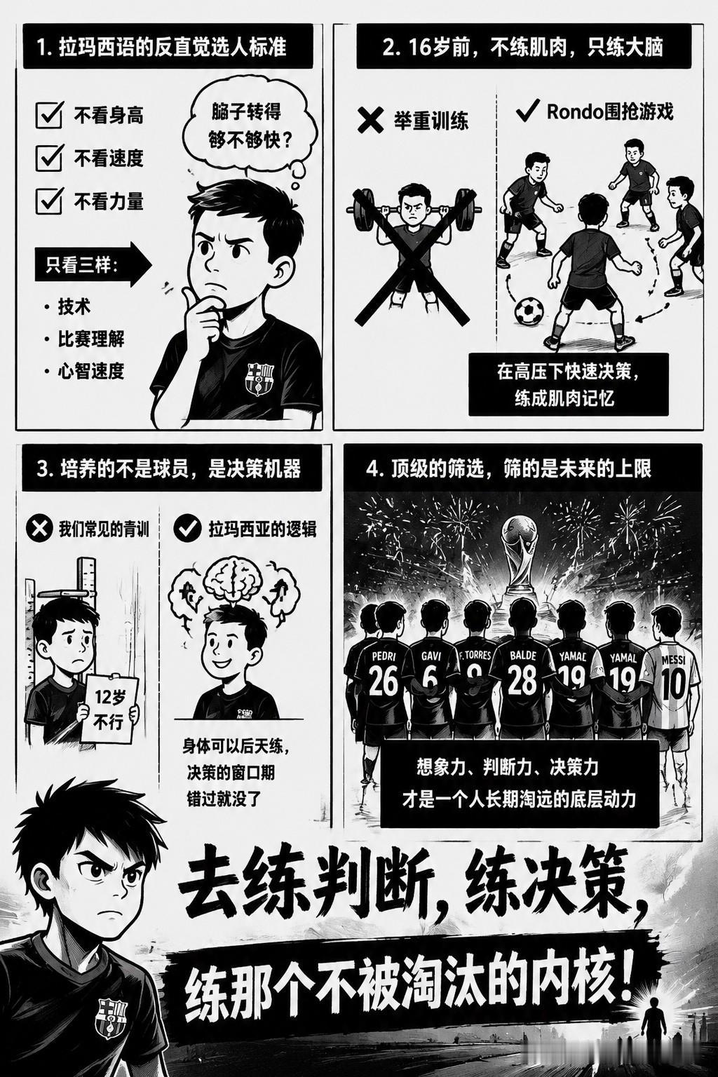 拉玛西亚最狠的一点，不是教小孩踢球，是教小孩“思考”。

上周世界杯决赛，西班牙