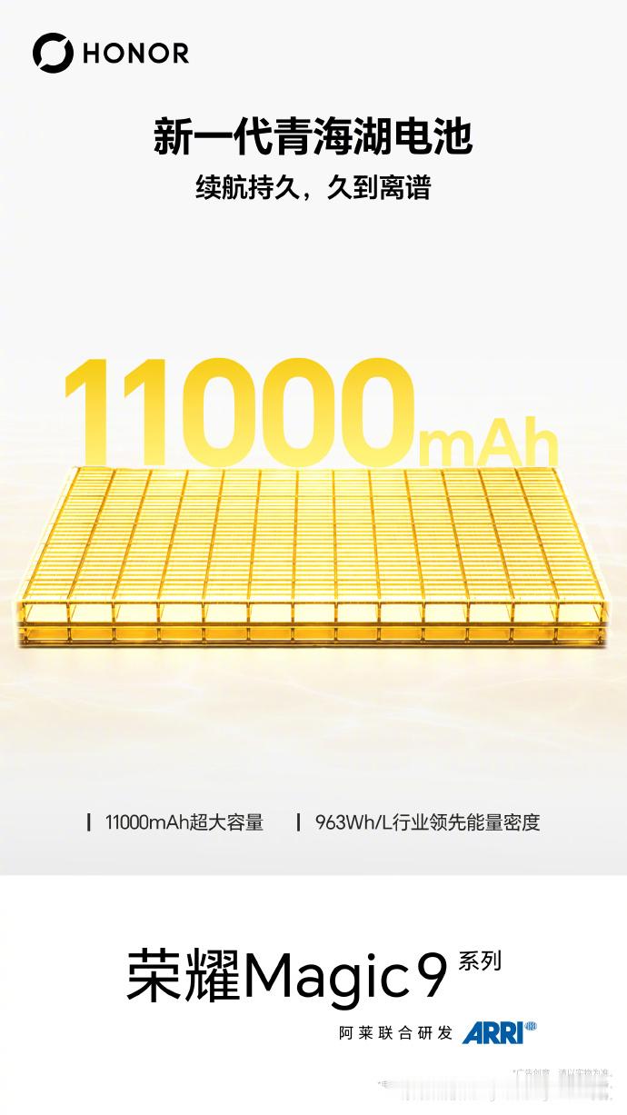 荣耀Magic9系列实现电池技术新突破，能量密度达到963Wh/L，对比以往旗舰