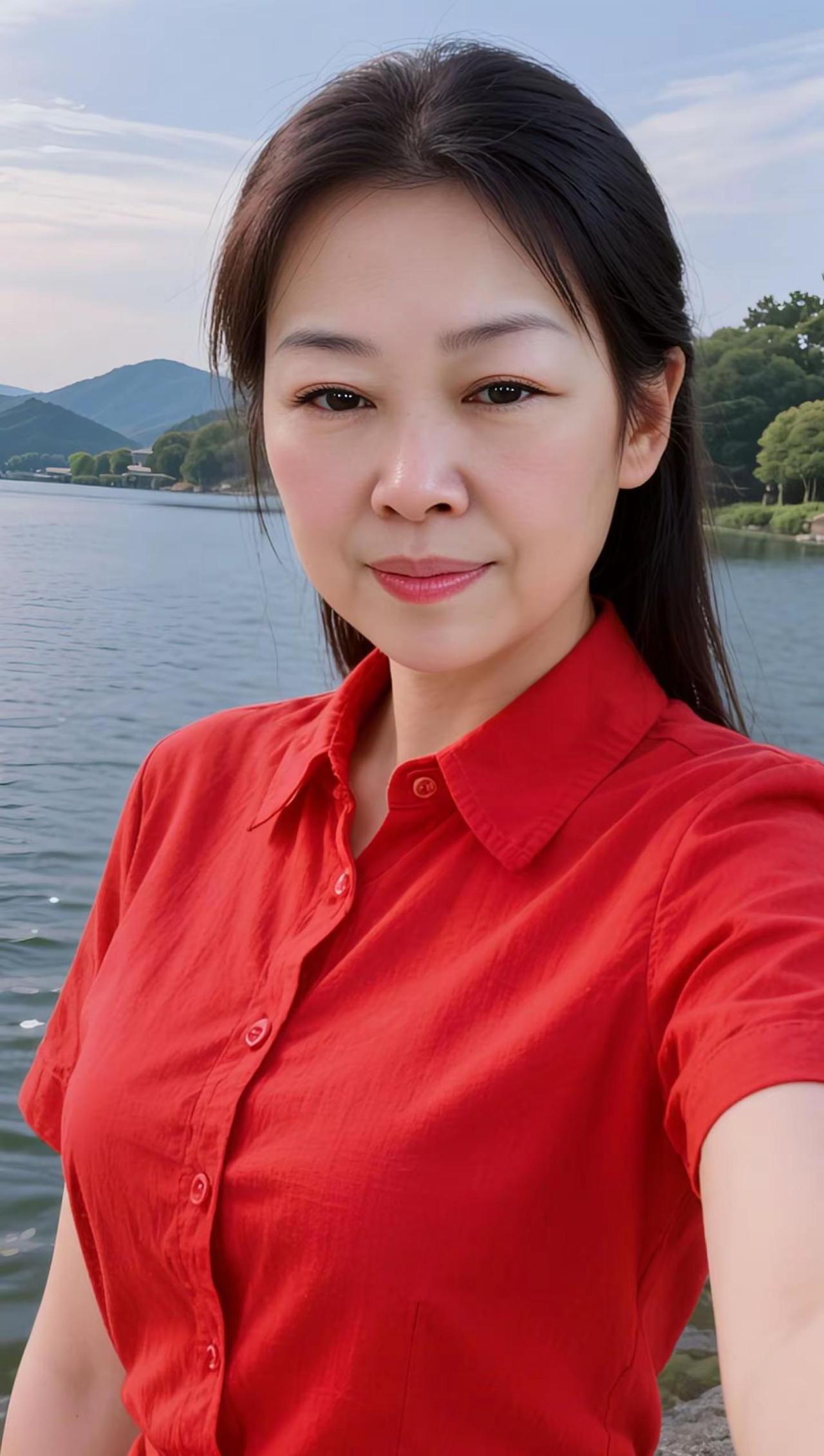 心情好身材自然好，你认为呢？AI湖畔红衣自拍