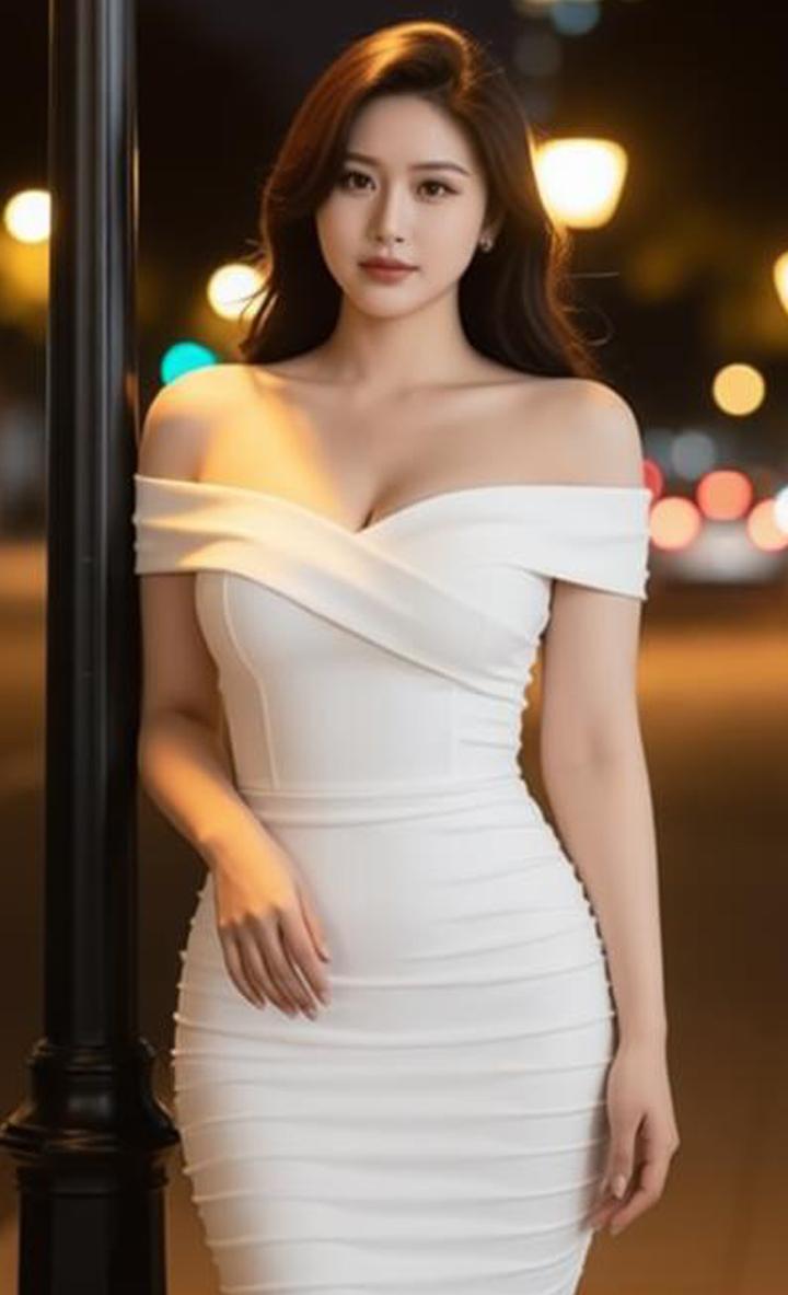 夜晚的路灯暖融融的，姑娘靠在路灯杆旁，一袭白色抹胸裙勾勒出曼妙身姿，温柔又亮眼，