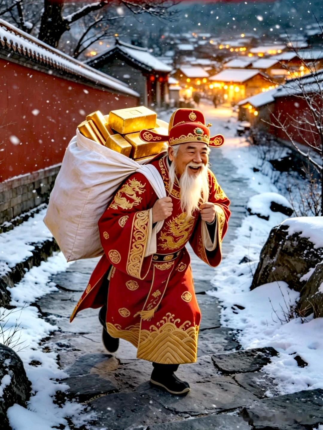 落雪天冷风大，我背着财宝登门送财。有人在家吗？快来接财。机会摆在眼前要懂得珍惜，