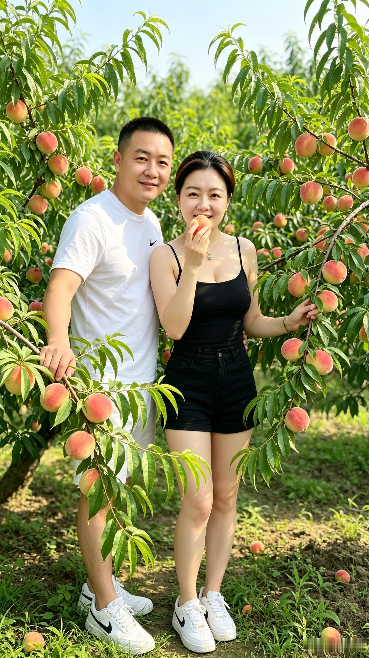 桃园偕游
碧树垂桃染浅红，晴光遍洒翠荫茏。
夫君轻挽青枝驻，娘子拈桃笑意融。
相