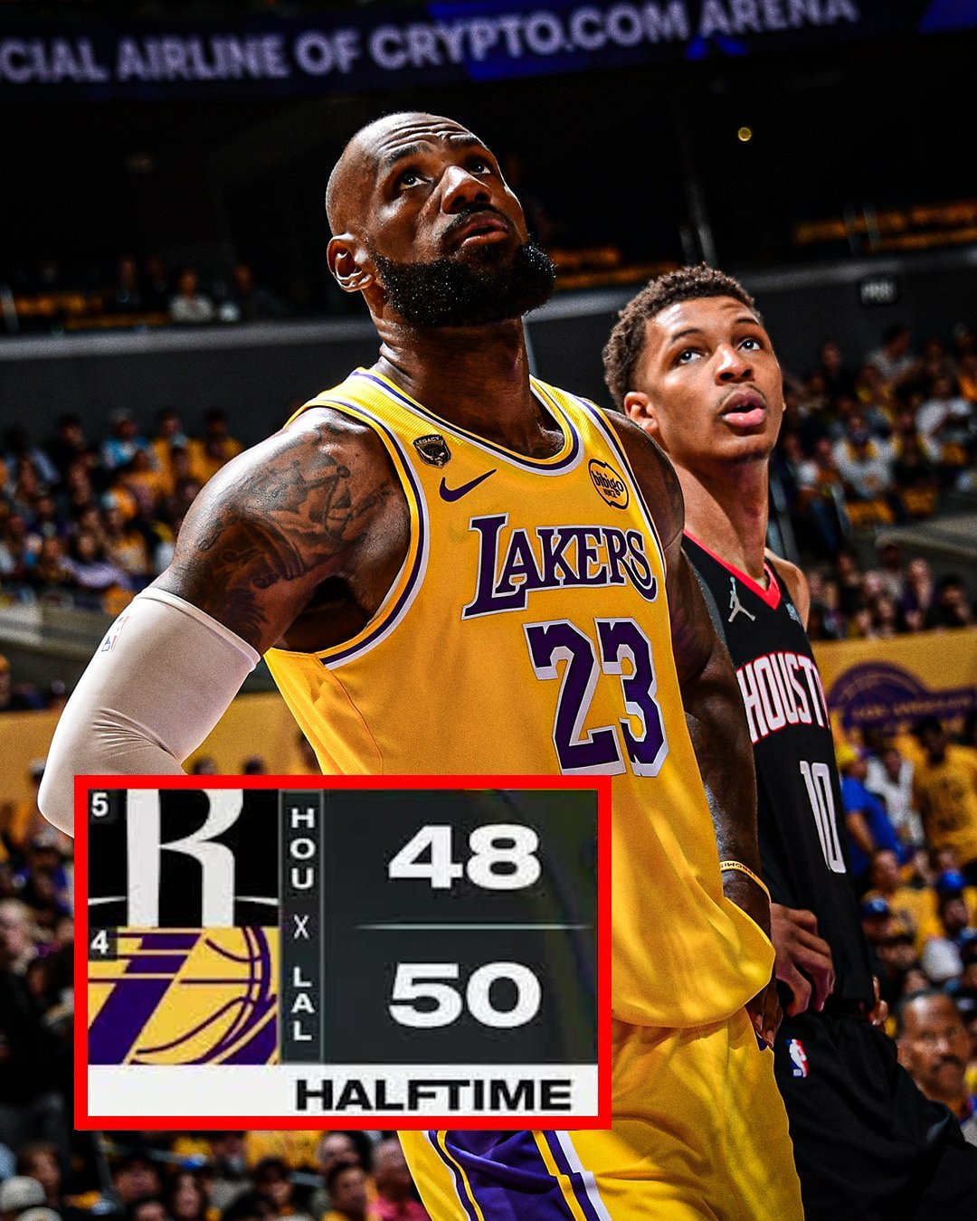 湖人上半场最后接近2分钟没得分，火箭6比0追到半场只差2分。随着湖人手感下滑，詹