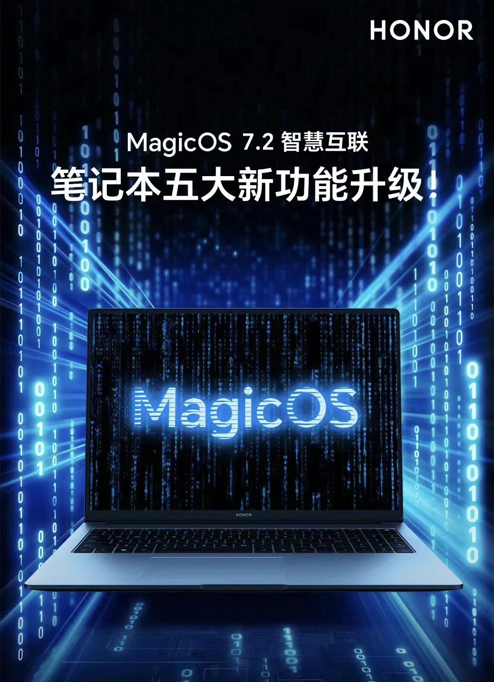 荣耀笔记本的MagicOS 7.2新升级了5大功能：

1.网络共享，同一账号下