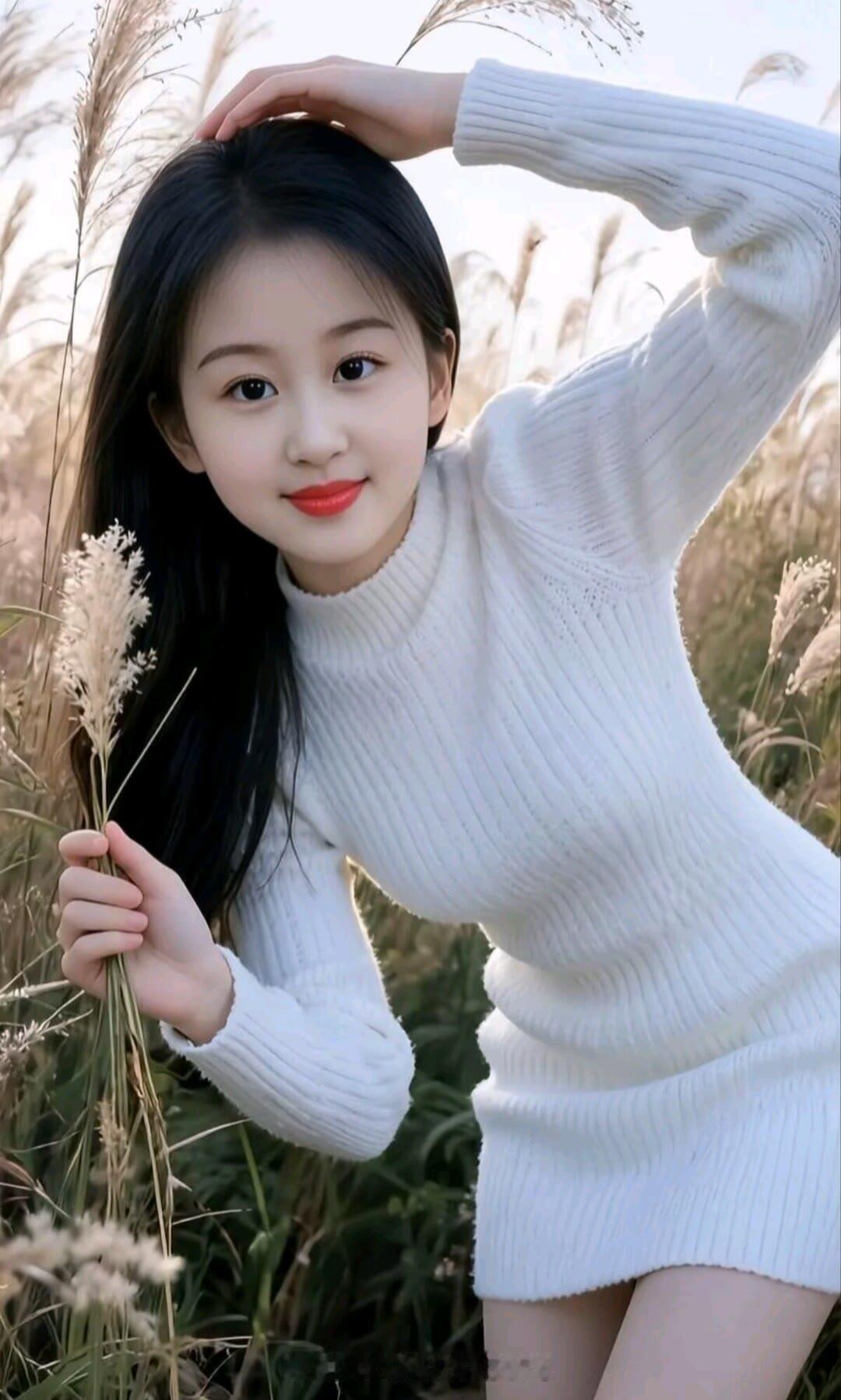 少女在田野中，温柔微笑，白色毛衣，自然清新