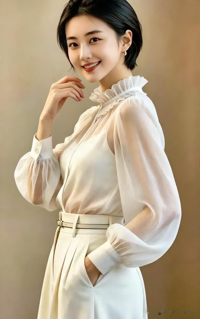 素白衣袂，如晨雾凝霜，轻透的纱袖晕染着柔光。浅笑明媚温婉，流转间尽显雅致灵动。于