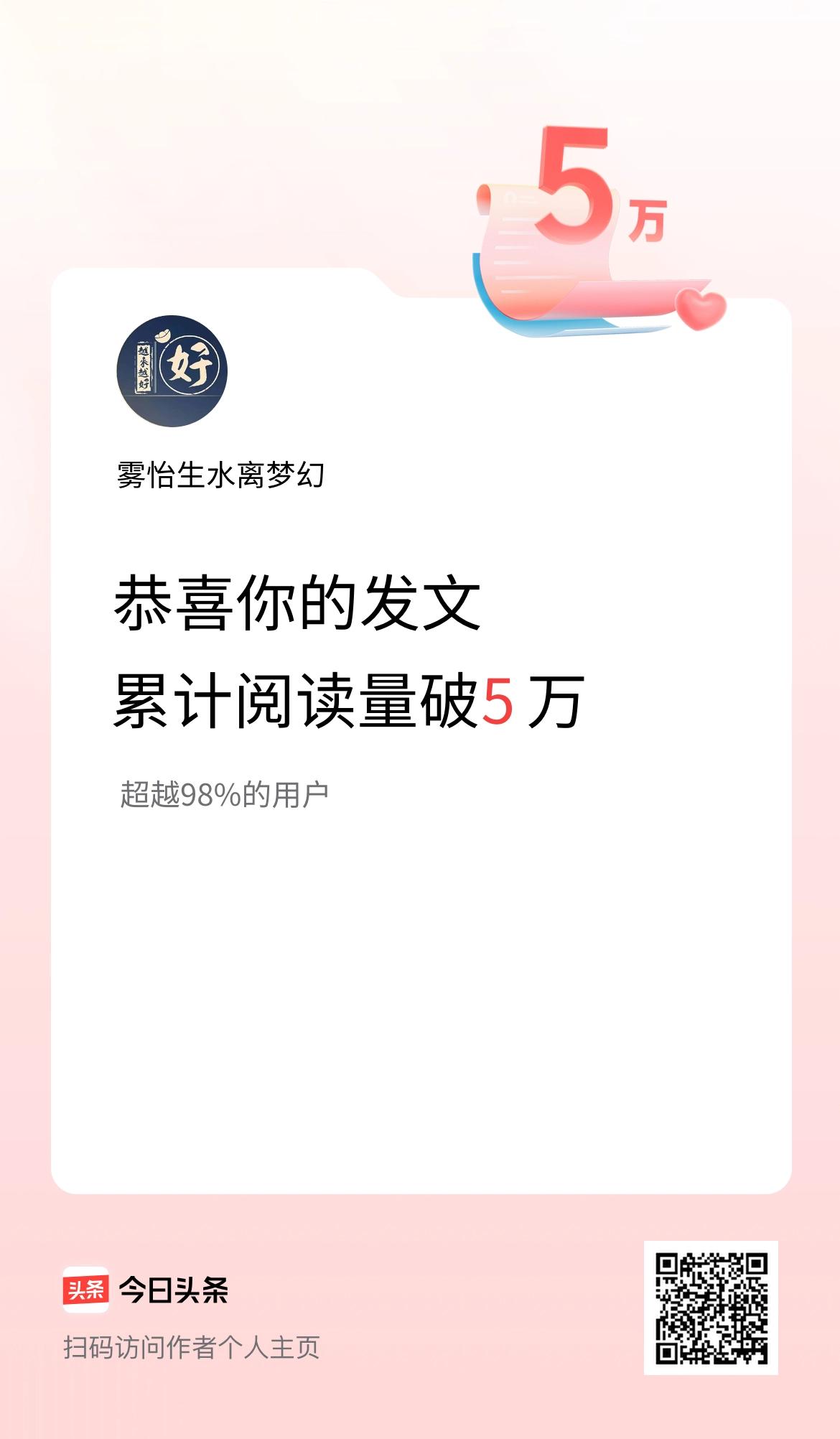 🤝我在头条累计获得阅读量破5万啦！