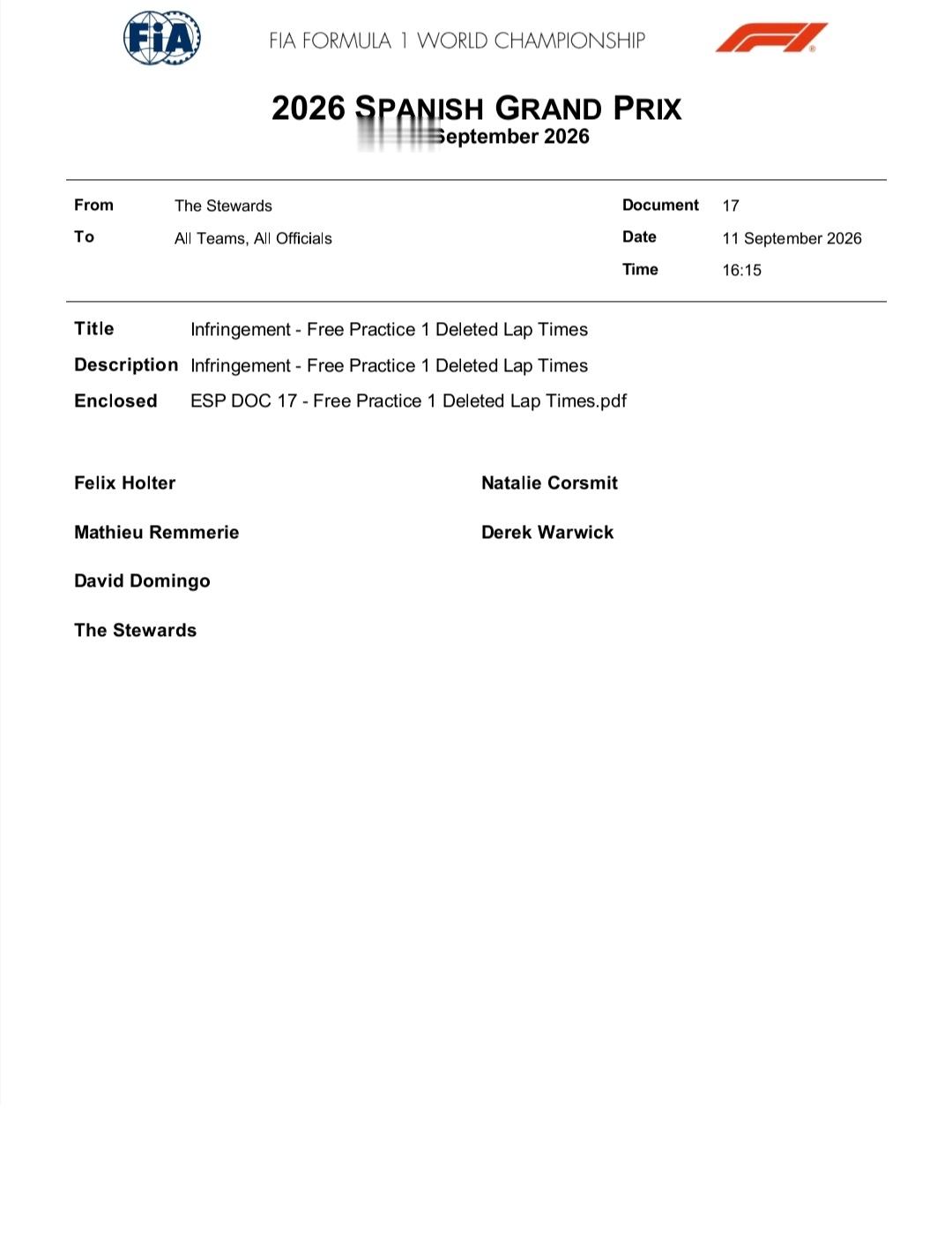 2026赛季F1西班牙🇪🇸大奖赛 FP1和FP2期间超出赛道限制被删除单圈记