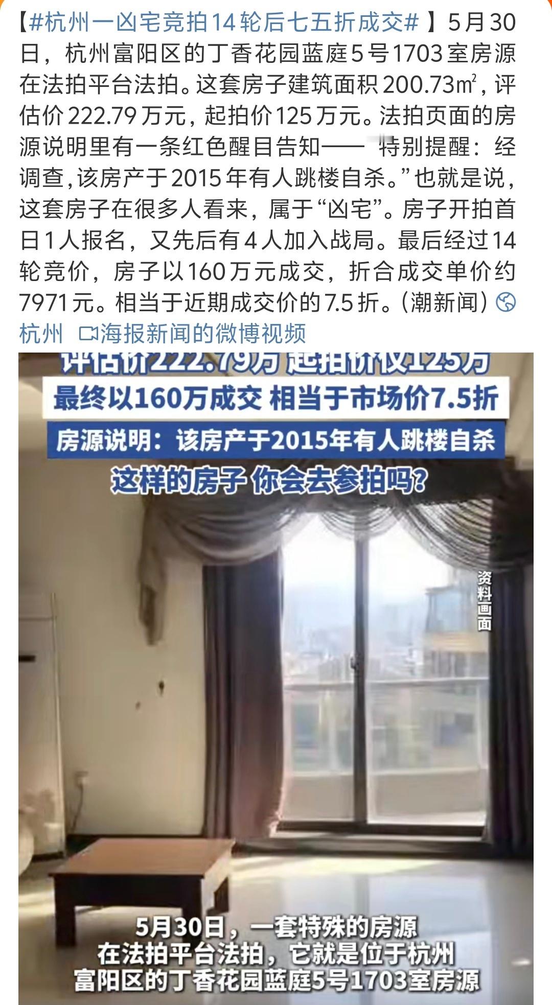 杭州一凶宅竞拍14轮后七五折成交 如果是你会介意吗？我是觉得吧，这户其实还好。人