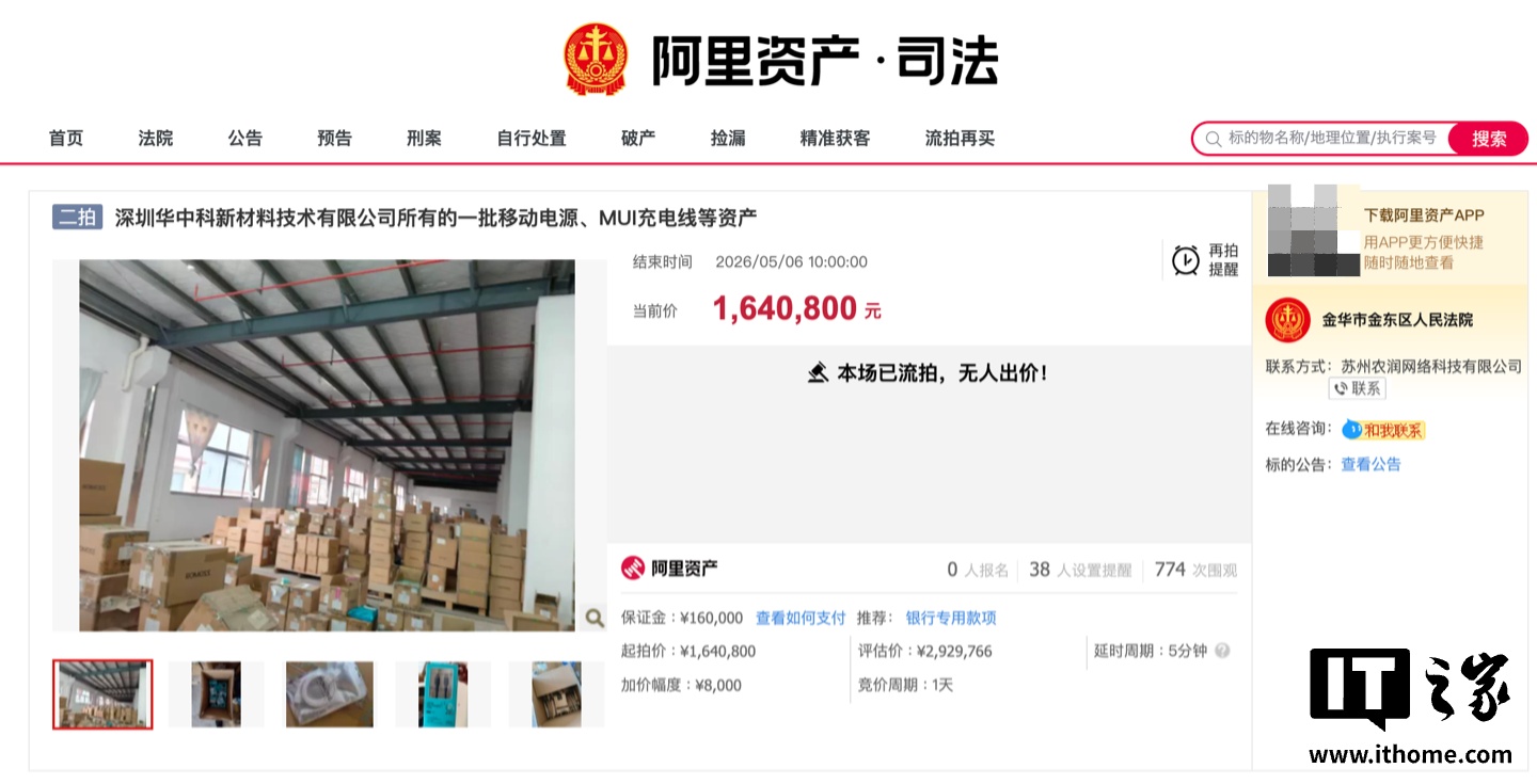 2 万个罗马仕充电宝、14 万根充电线再次因无人出价而流拍
