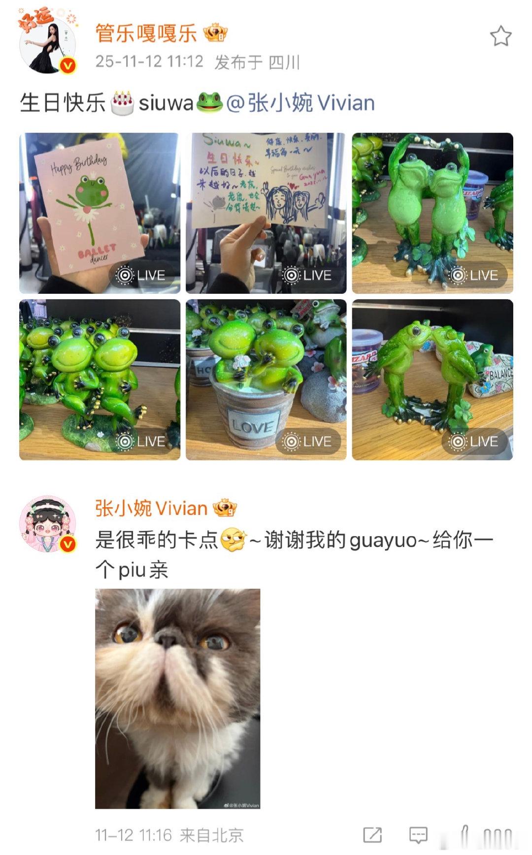 管乐卡点11点12分为张小婉庆生，张小婉回“很乖的卡点”专属昵称加猫图，把俩人的