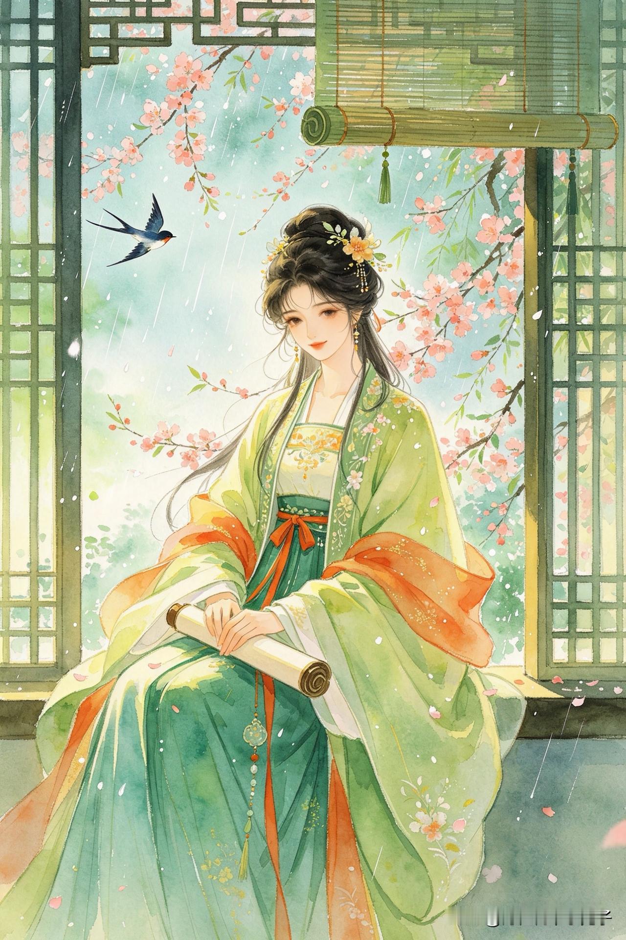 一帘微雨卷春愁，
几瓣桃花落案头。
燕子不知人意绪，
    
…………请师友续