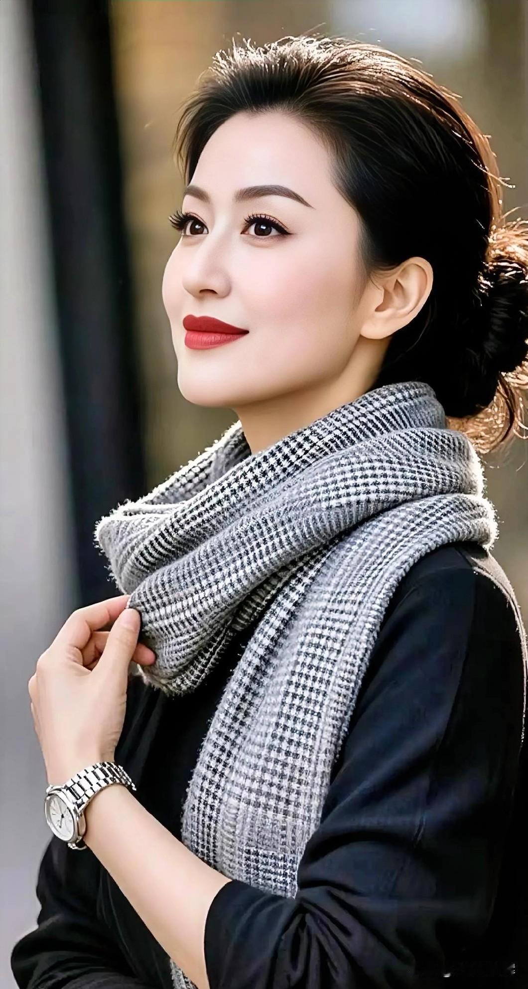 暖阳漫过肩头，格纹围巾裹住温柔。
黑发盘起岁月的从容，红唇漾开生活的诗意。
以优