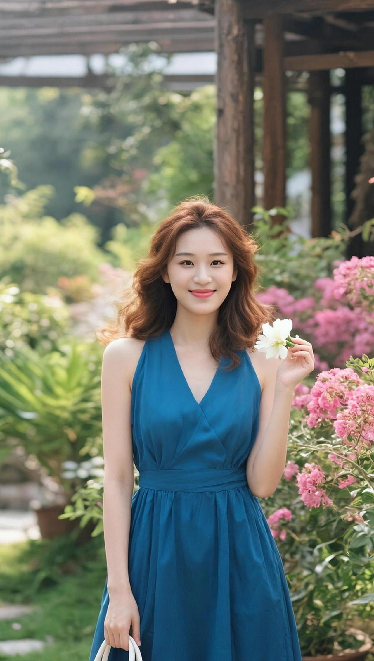 这身AI卷发优雅写真，仿佛让我看到了“科技与时尚”的完美结合。蓝色长裙在阳光下闪