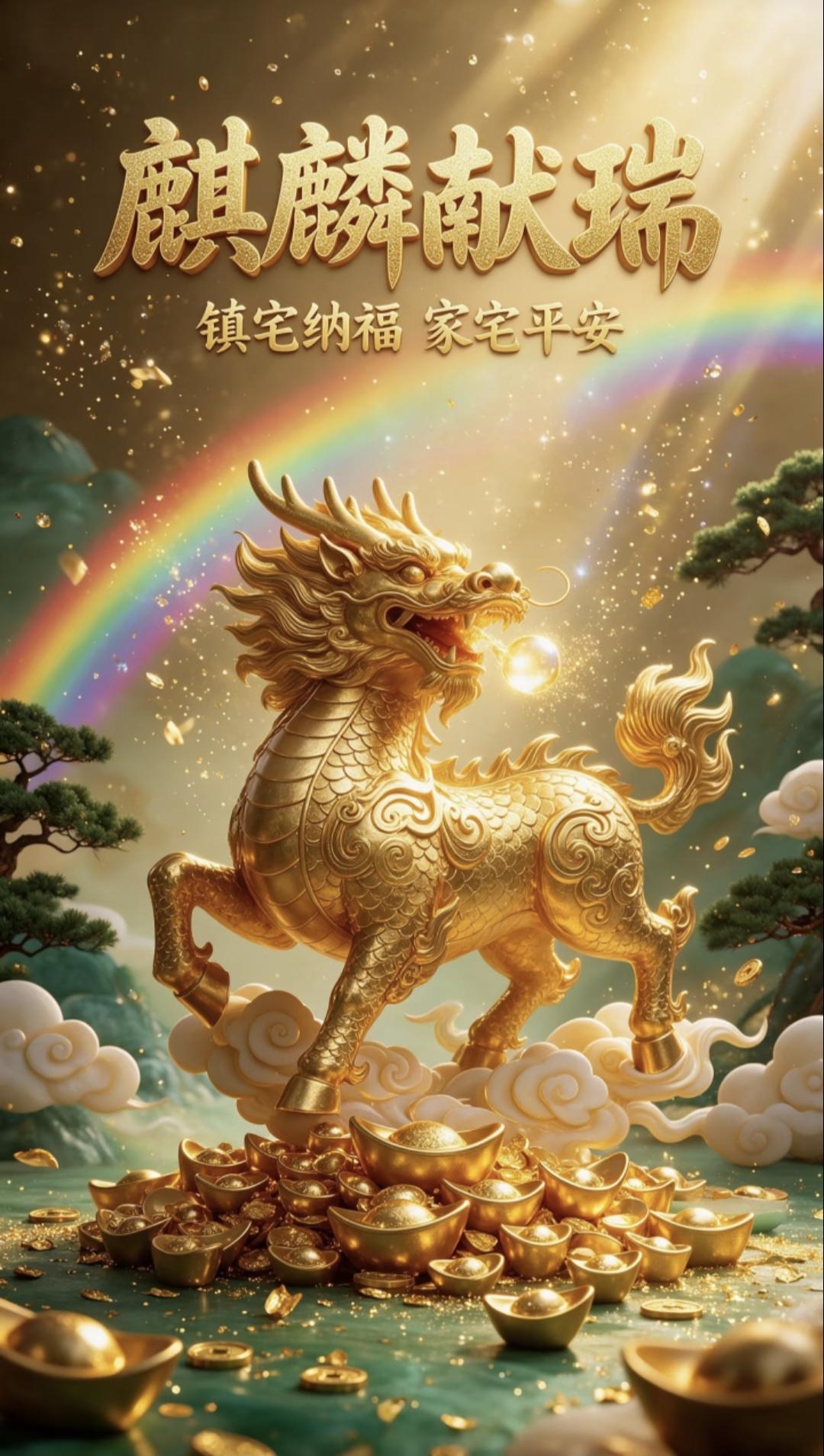 麒麟献瑞镇宅纳福，​貔貅纳财富贵盈门，
​金麒麟踏云携宝而至，祥瑞满门，财运亨通