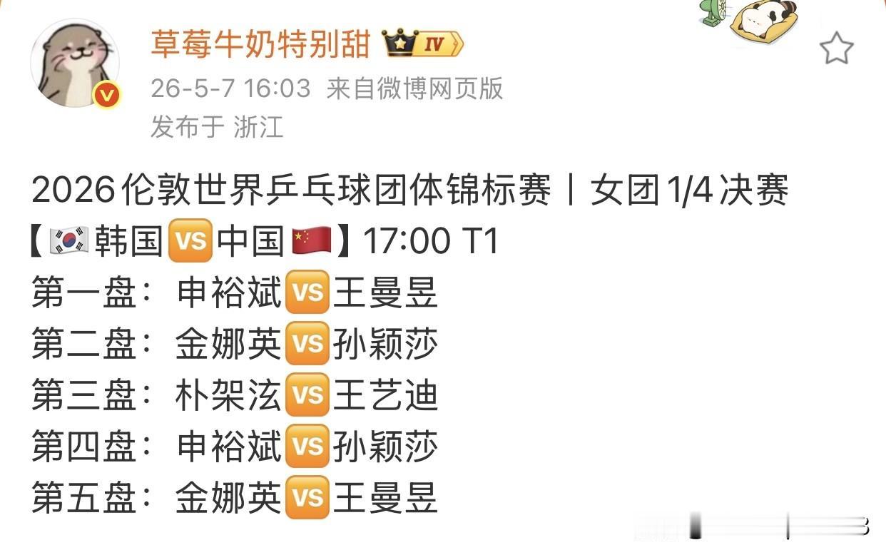 5.7日，中国女团出场阵容表，对战韩国队。

今天出场：孙颖莎一单，王曼昱二单，