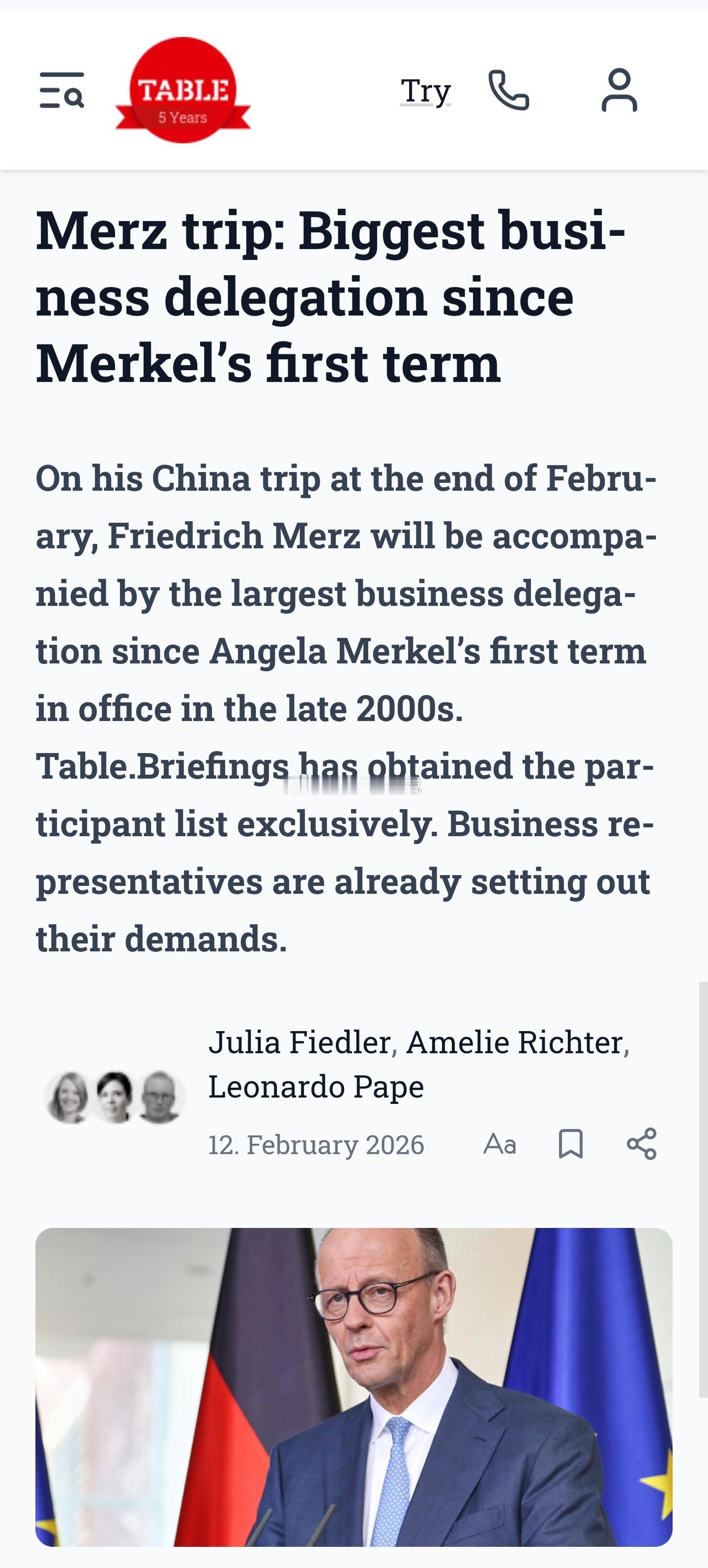 德国《商报》报道，德国联邦总理默茨将于2月底首次访问中国，并将携由30名高级经济