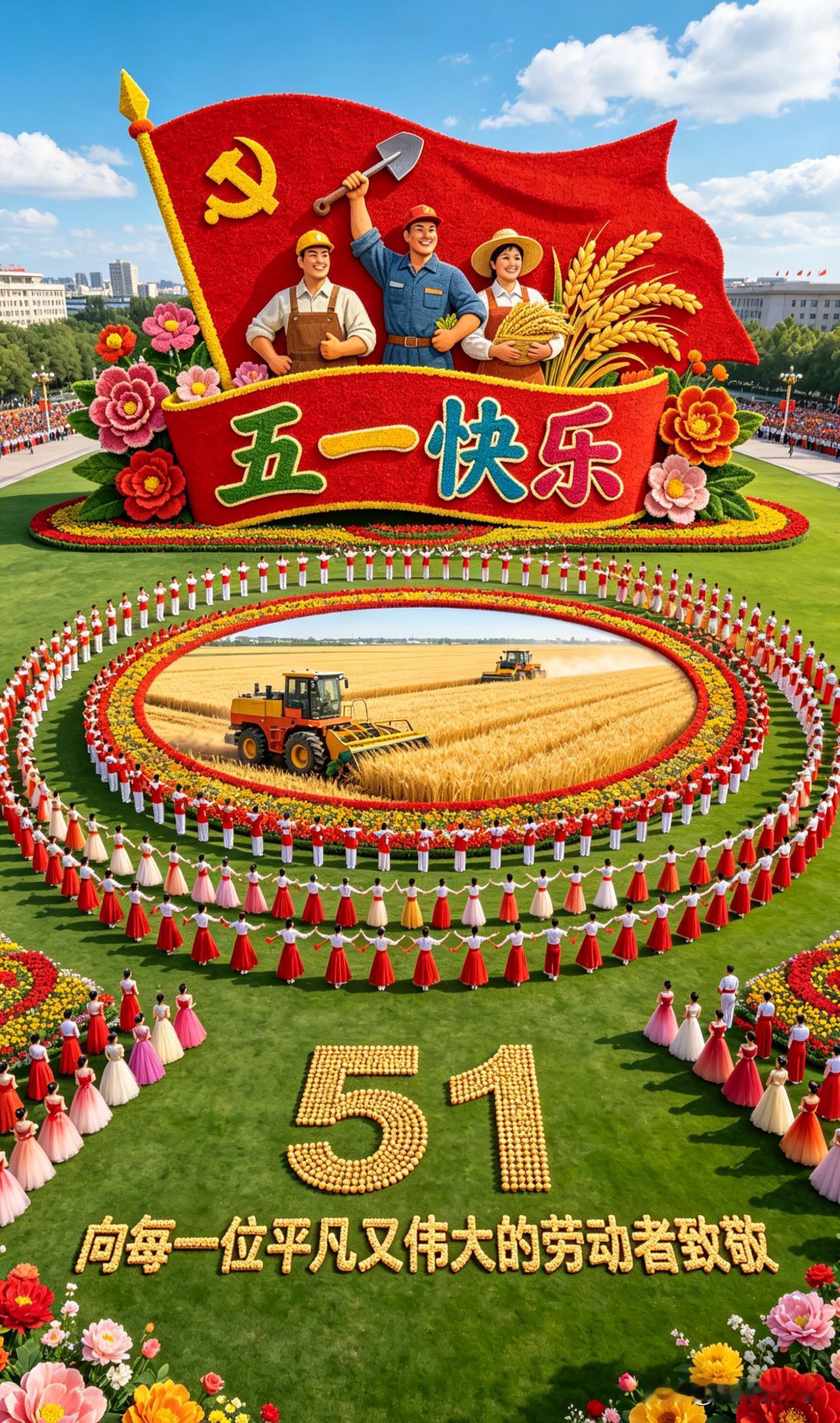 五月一日，大地上的诗行

当晨曦吻上麦浪的金边，
镰刀与锤头在旗帜上舒展。
每一