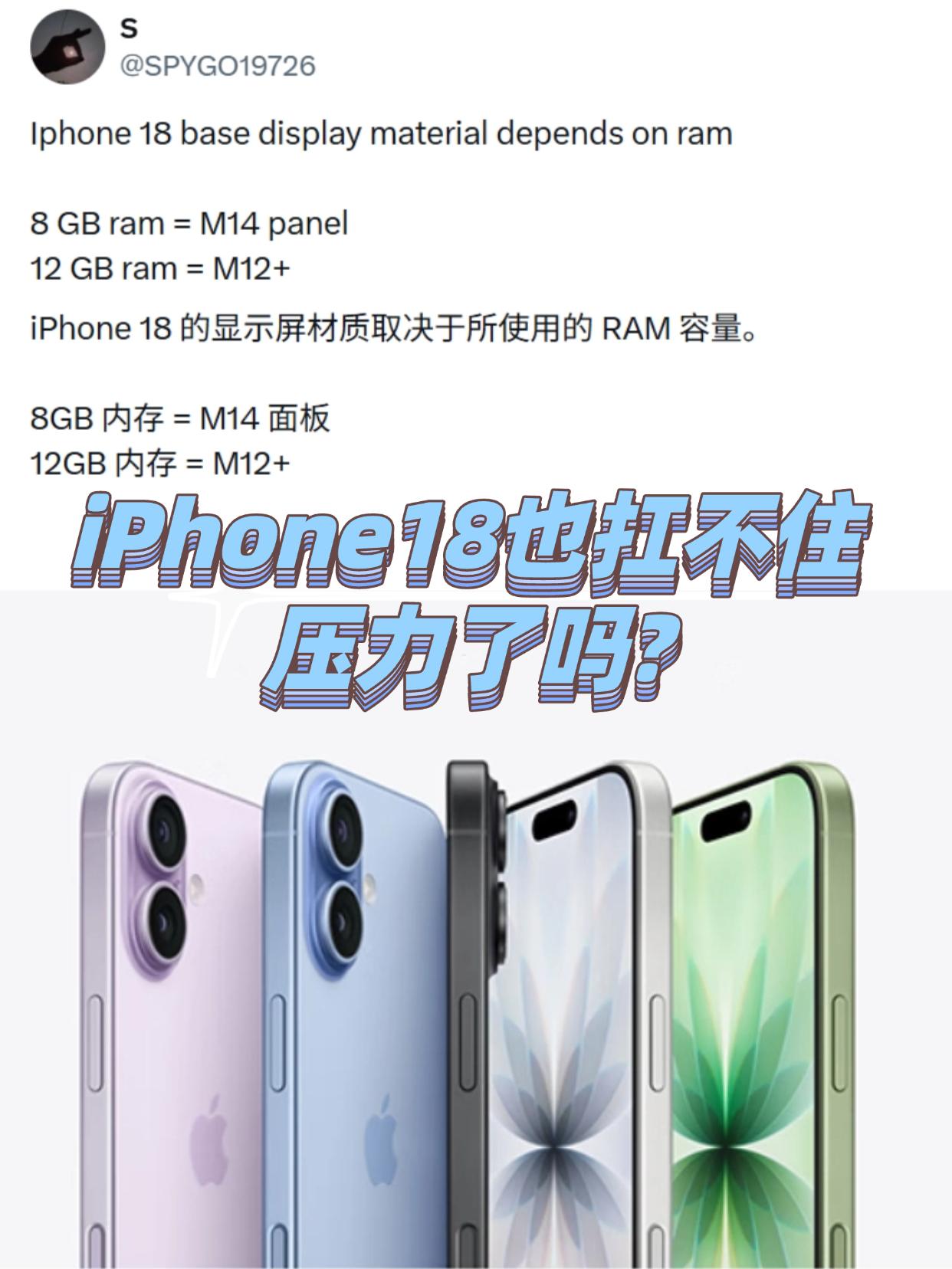 外媒曝料 iPhone 18可能面临“内存or屏幕”二选一的局面，
两个方案：