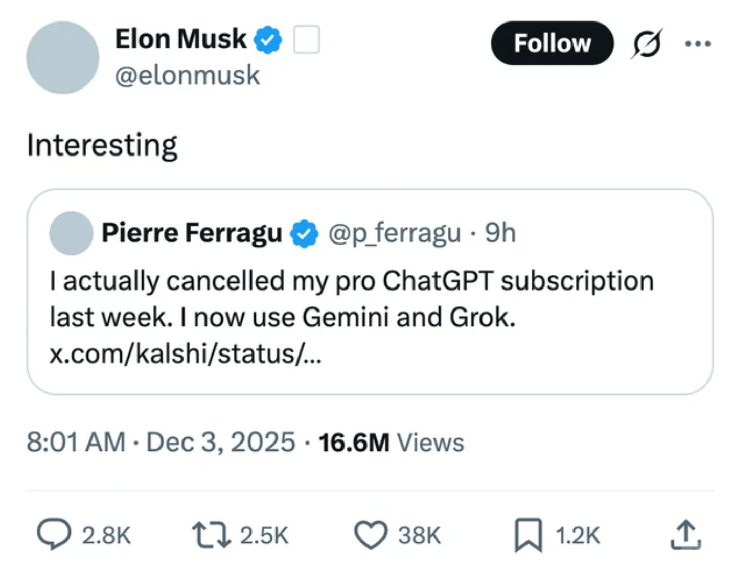X上一个科技大佬直接消了ChatGPT Pro会员，转投Gemini和Grok的