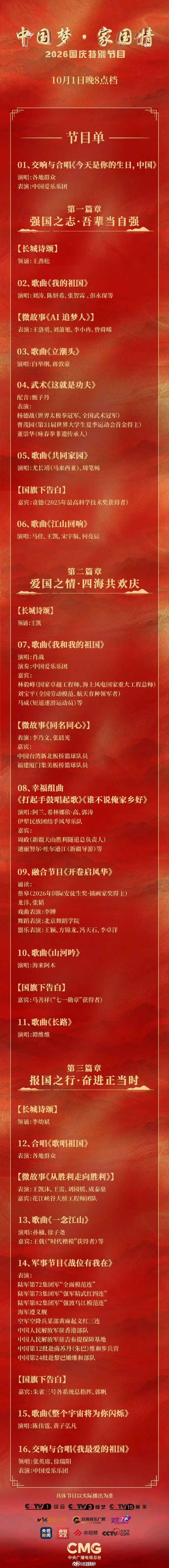 央视国庆晚会节目单官宣【2026央视国庆晚会节目单】中央广播电视总台《中国梦・家