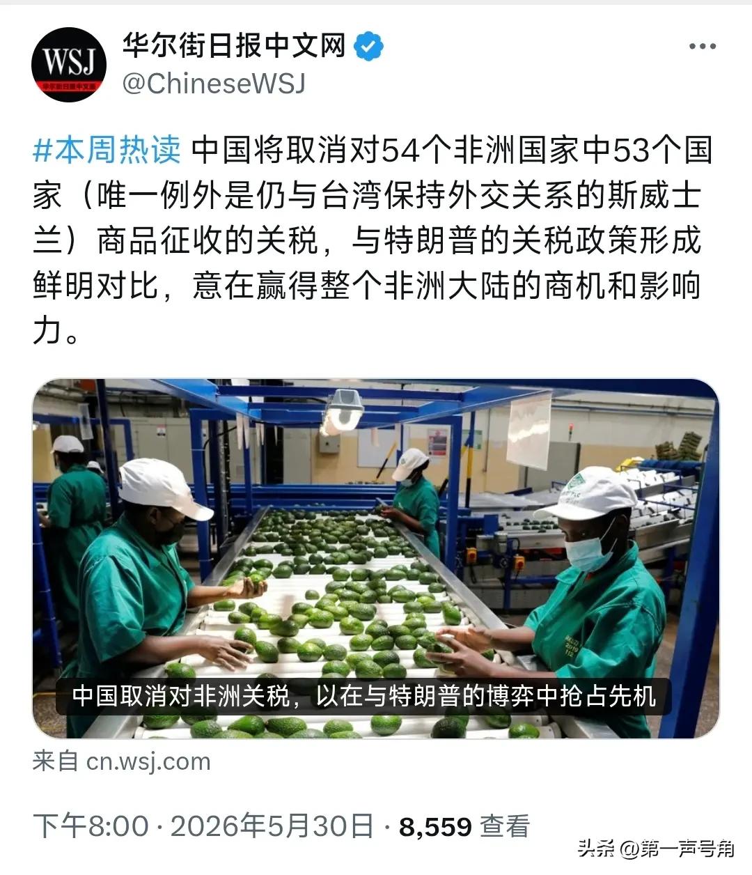 华尔街日报（5月30日晚）写道：“中国将取消对54个非洲国家中53个国家（唯一例