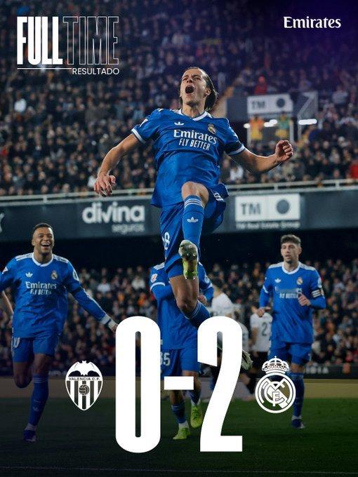 瓦伦西亚0比2皇马皇马客场2-0完胜巴伦西亚，豪取7连胜，距巴萨1分紧追榜首；卡