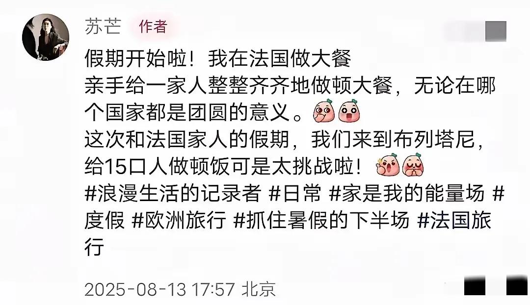 苏芒，一个人给法国婆家做了15人的中餐。
很多名人在国内十指不沾阳春水，甚至不食