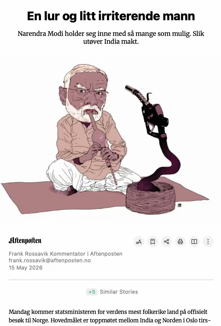 印度总理莫迪访问挪威，挪威最大的新闻媒体头版给出这样一张漫画并配文：一个狡猾又有