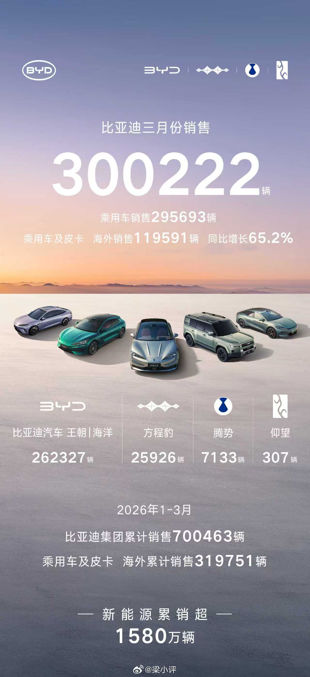 比亚迪3月销售300222辆，1-3月累计销量700463辆注意，1-3月海外市