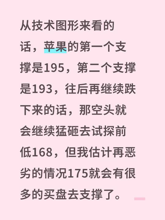 从技术图形来看的话，苹果的第一个支撑是195，第二个支撑是193，往后...