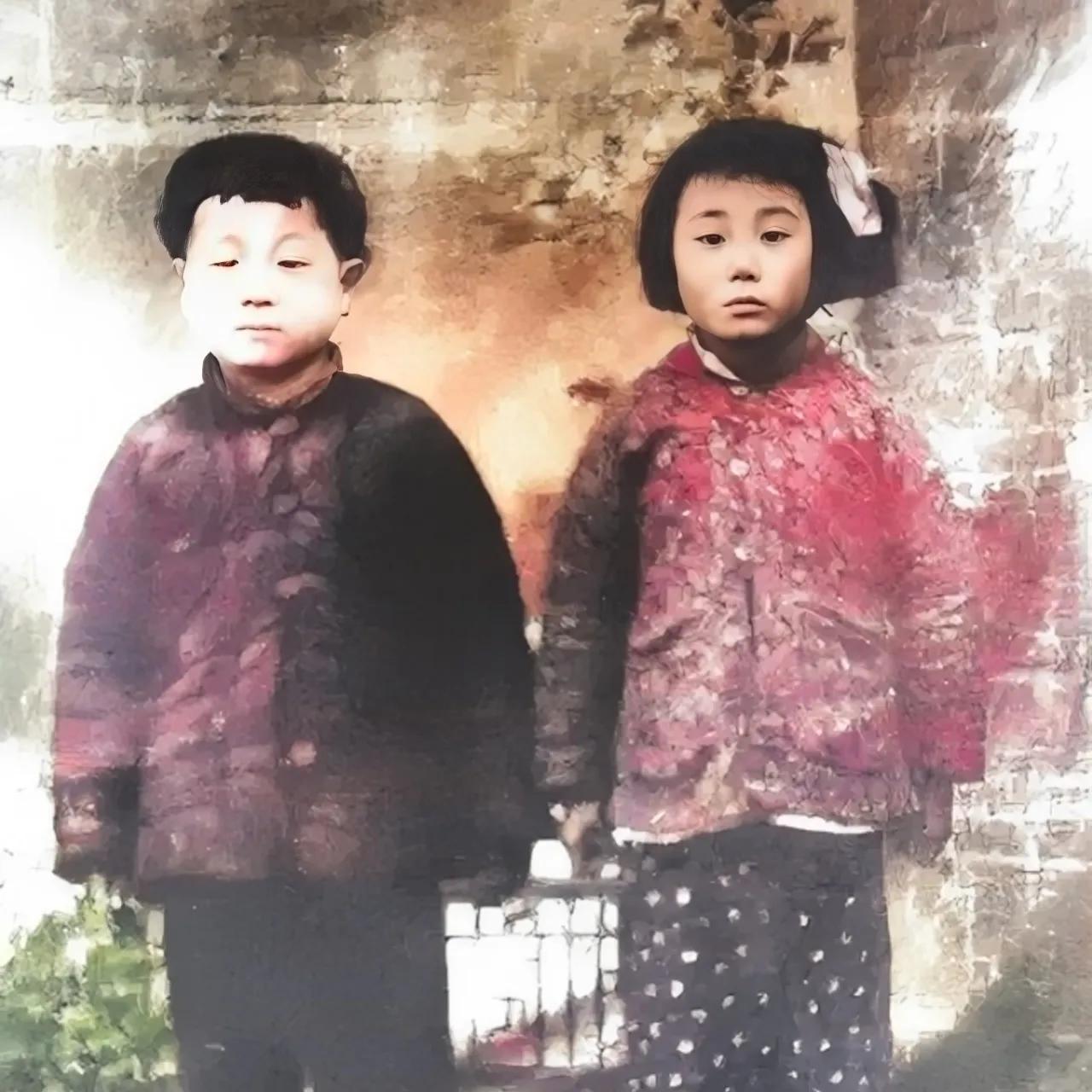 1961年，六岁的莫言和堂姐，一张罕见的合影留念，镜头前的莫言身着一身旧棉衣，模