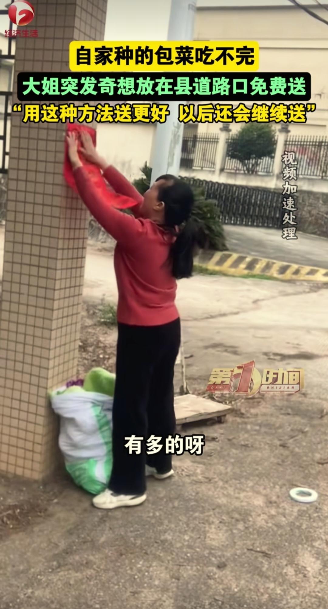 广东河源一大姐种的包菜自家吃不完，她就把包菜拉到县道路口，写了每人限两个的提示，