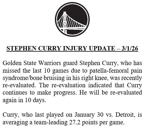 勇士队出具伤病报告报道，库里将于十天后复诊他的跑步膝，这意味着他将至少再缺席5场