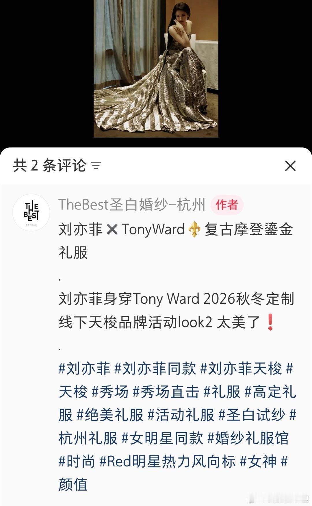 Tony Ward在法国认证刘亦菲首穿，不过这件是高定还是属于什么，不重要。品牌