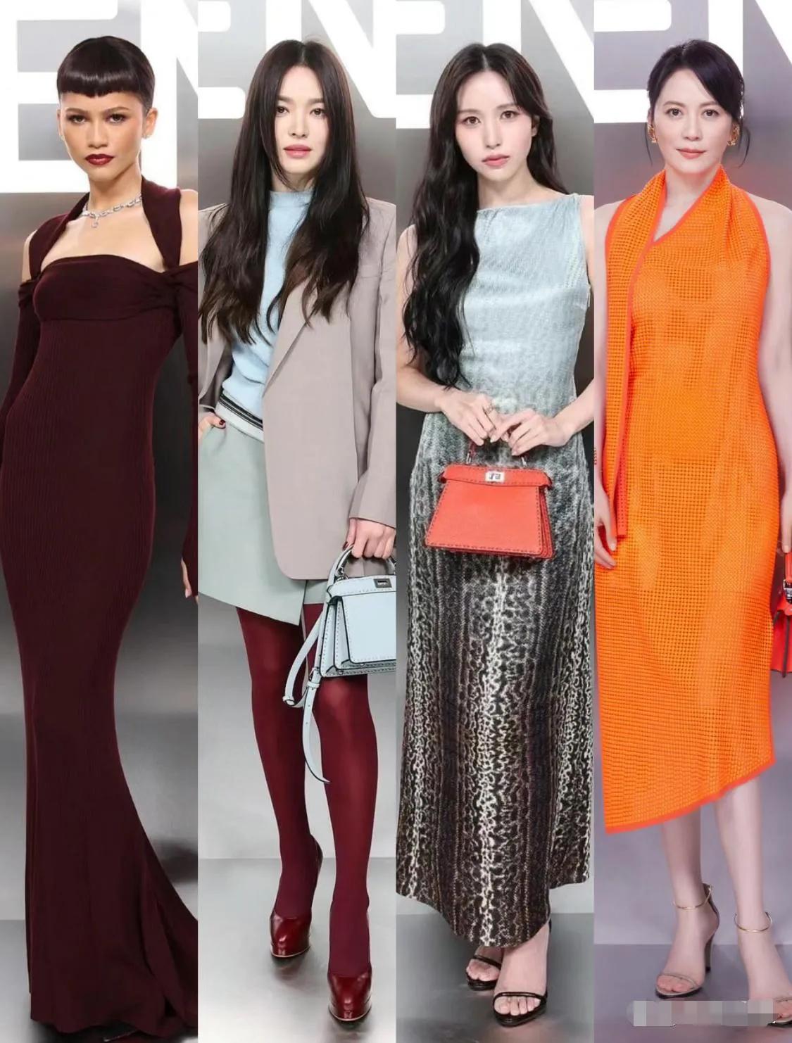 某奢牌秀场，42岁宋慧乔和53岁俞飞鸿同框。俞飞鸿是内娱名副其实的不老女神，53